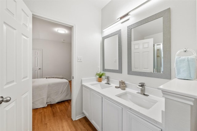 237 Baldwin St, Hutto, TX 78634 - full bathroom with double vanity and wood finished floors