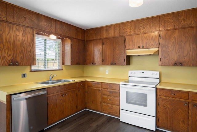 114 Pecan Dr, Elgin, TX 78621 - kitchen with stainless steel dishwasher, white range with electric cooktop, under cabinet range hood, and light countertops