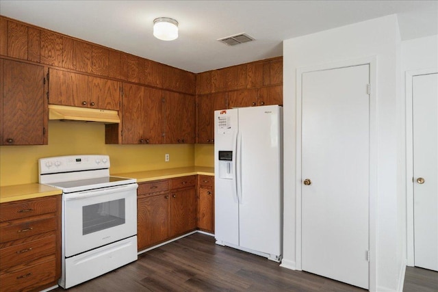 114 Pecan Dr, Elgin, TX 78621 - kitchen featuring white appliances, under cabinet range hood, brown cabinetry, dark wood-style floors, and light countertops