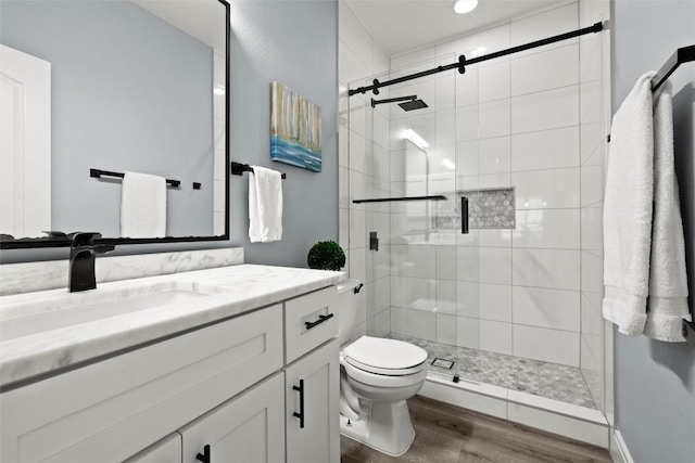 291 Torrington Dr, Austin, TX 78737 - bathroom with wood finished floors, vanity, and a shower stall