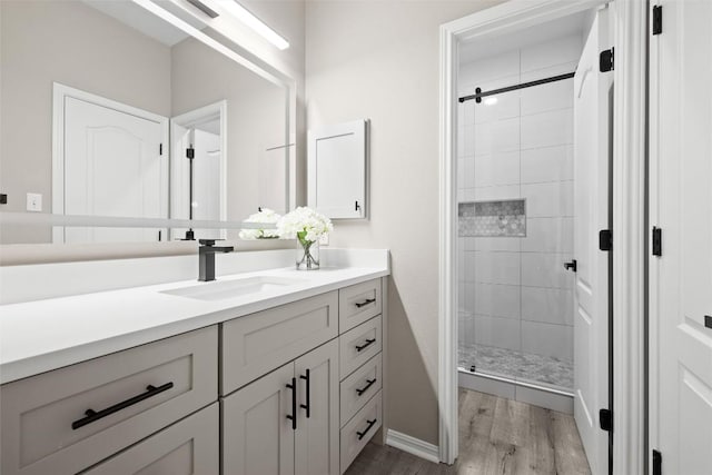 291 Torrington Dr, Austin, TX 78737 - bathroom with vanity, wood finished floors, and a tile shower