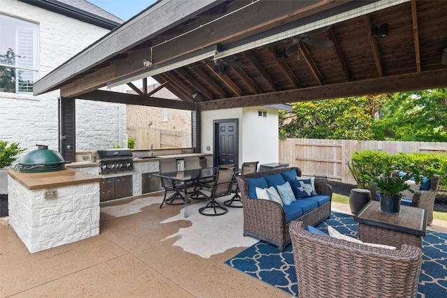 291 Torrington Dr, Austin, TX 78737 - view of patio featuring area for grilling, a gazebo, outdoor lounge area, ceiling fan, and outdoor dining space