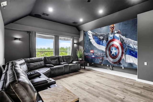 291 Torrington Dr, Austin, TX 78737 - home theater featuring vaulted ceiling, wood finished floors, and recessed lighting