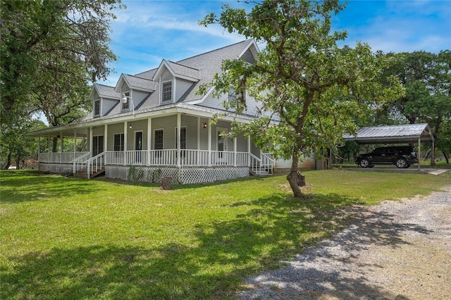2981 Vivroux Ranch Rd, Seguin, TX 78155 - farmhouse inspired home featuring a porch, a front yard, a carport, and roof with shingles