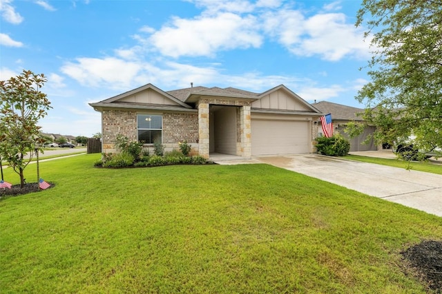 118 Craft St, Hutto, TX 78634 - ranch-style house with a garage, board and batten siding, driveway, and a front lawn
