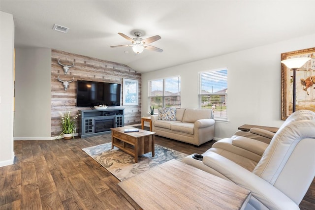 118 Craft St, Hutto, TX 78634 - living area featuring ceiling fan, wood finished floors, lofted ceiling, and a fireplace