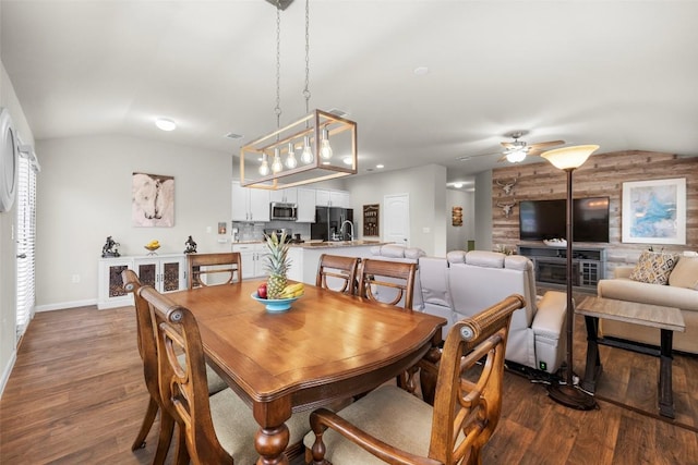 118 Craft St, Hutto, TX 78634 - dining space featuring lofted ceiling, dark wood finished floors, and a ceiling fan