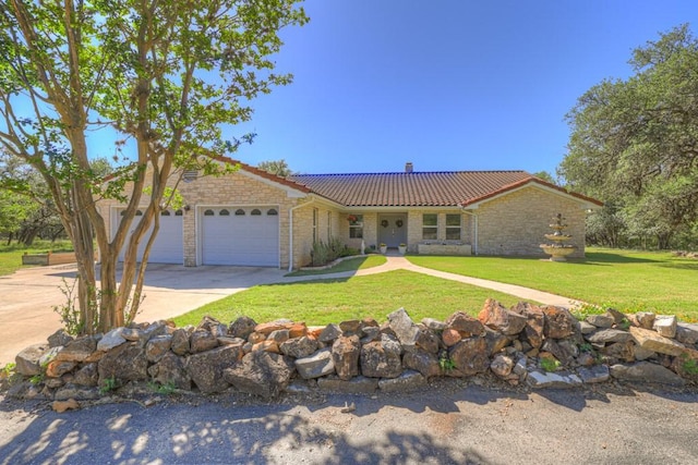 830 Palomino Ln, San Marcos, TX 78666 - ranch-style house featuring a tile roof, a garage, a front yard, and concrete driveway