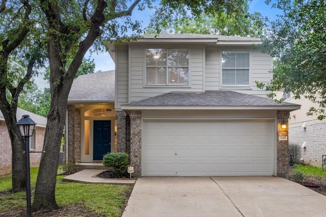 1449 Sir Thopas Trl, Austin, TX 78748 - traditional-style home with concrete driveway, a garage, brick siding, and a shingled roof
