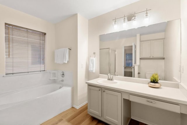 1449 Sir Thopas Trl, Austin, TX 78748 - bathroom with wood finished floors, a garden tub, vanity, and a shower stall
