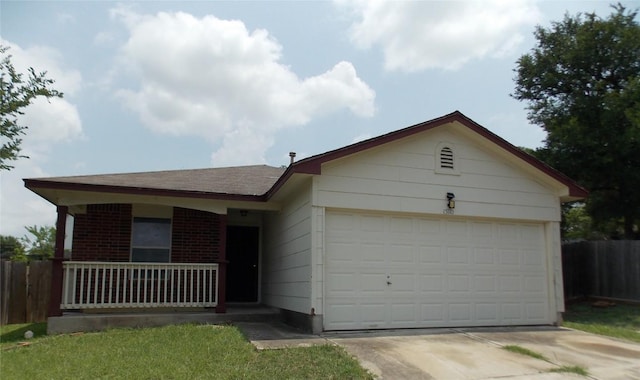 15110 Chamberlain Ct, Austin, TX 78724 - ranch-style home featuring an attached garage, driveway, brick siding, covered porch, and a shingled roof