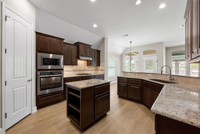 136 Firefall Ln, Austin, TX 78737 - kitchen with appliances with stainless steel finishes, dark brown cabinetry, decorative backsplash, light wood-style flooring, and light stone countertops