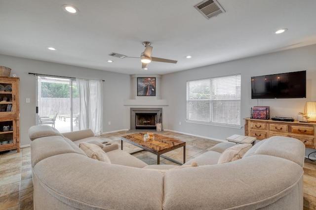 1511 Rhapsody Ridge Dr, Cedar Park, TX 78613 - living room featuring plenty of natural light, a fireplace, recessed lighting, and ceiling fan