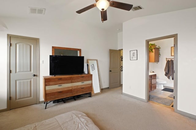 11012 Short Springs Dr, Austin, TX 78754 - bedroom with light carpet, lofted ceiling, connected bathroom, and a ceiling fan