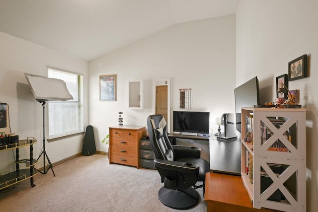 11012 Short Springs Dr, Austin, TX 78754 - carpeted home office featuring vaulted ceiling and baseboards
