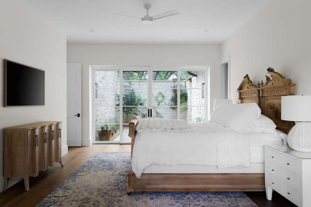 4100 Mcbrine Pl, Austin, TX 78746 - bedroom with wood finished floors, access to exterior, and a ceiling fan