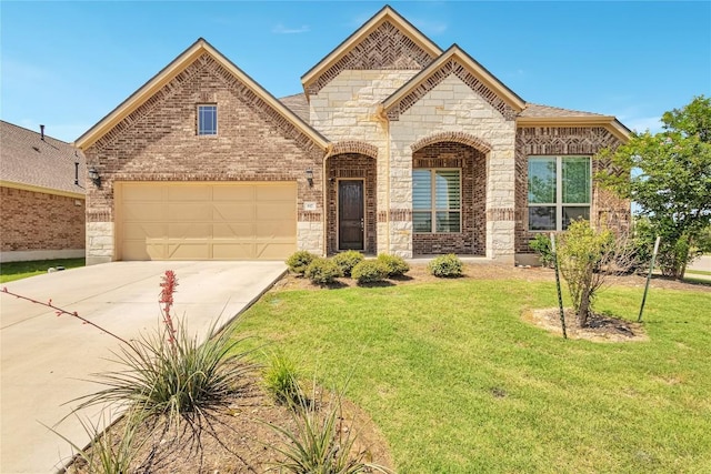 817 Clear Spring Ln, Leander, TX 78641 - french country home featuring driveway, a front lawn, brick siding, an attached garage, and stone siding