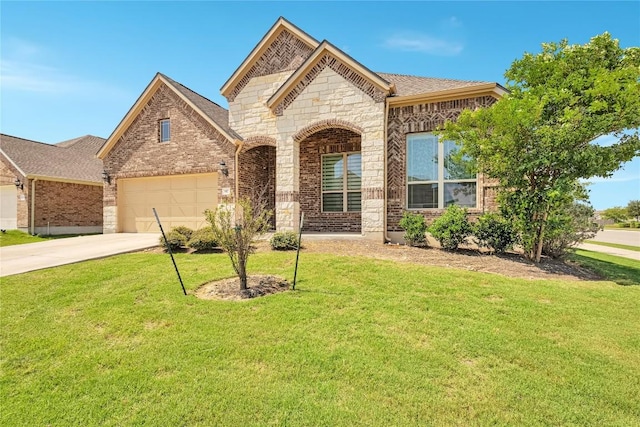 817 Clear Spring Ln, Leander, TX 78641 - french country inspired facade featuring concrete driveway, an attached garage, brick siding, a front yard, and stone siding