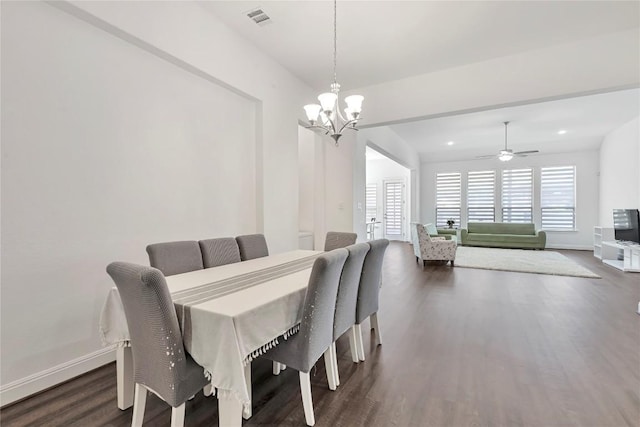 817 Clear Spring Ln, Leander, TX 78641 - dining area with dark wood-style flooring, a chandelier, ceiling fan, and recessed lighting