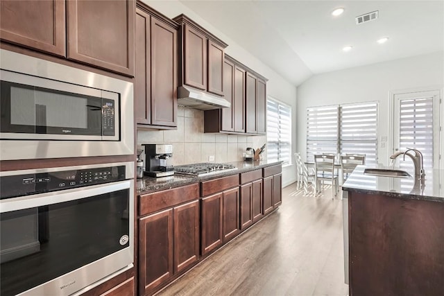 817 Clear Spring Ln, Leander, TX 78641 - kitchen with stainless steel appliances, light wood finished floors, dark stone countertops, under cabinet range hood, and lofted ceiling