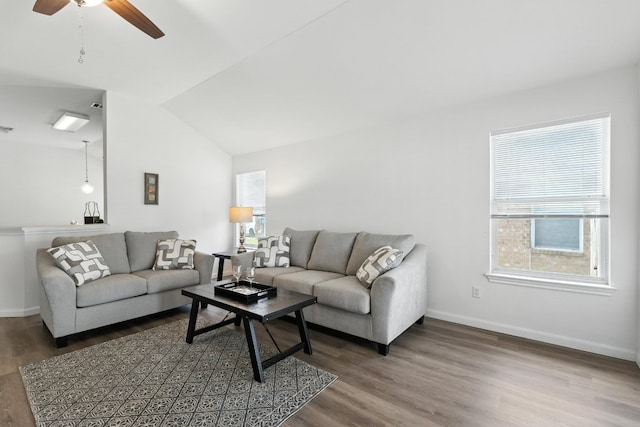 107 Chandler View Trl, Round Rock, TX 78665 - living room featuring healthy amount of natural light, wood finished floors, ceiling fan, and lofted ceiling