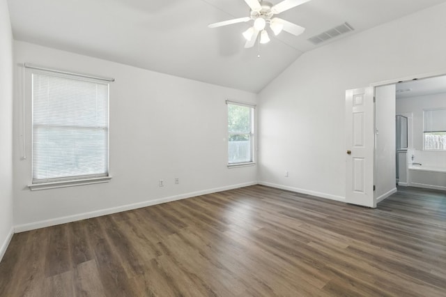 107 Chandler View Trl, Round Rock, TX 78665 - empty room with vaulted ceiling, a ceiling fan, and dark wood-style floors