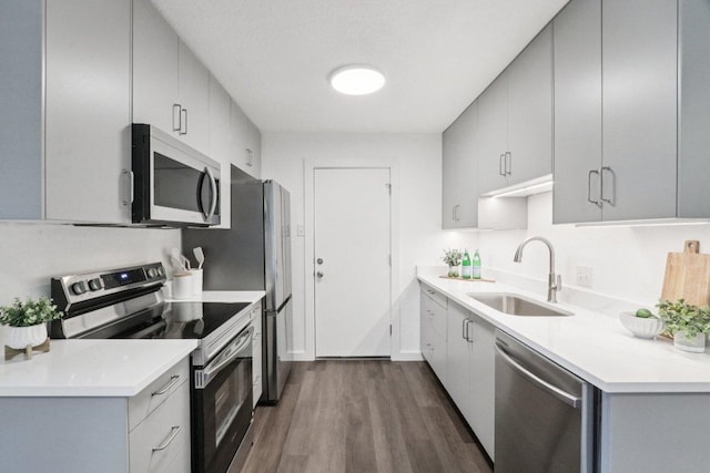 707 Mason St, Leander, TX 78641 - kitchen featuring appliances with stainless steel finishes, dark wood finished floors, gray cabinets, and light countertops