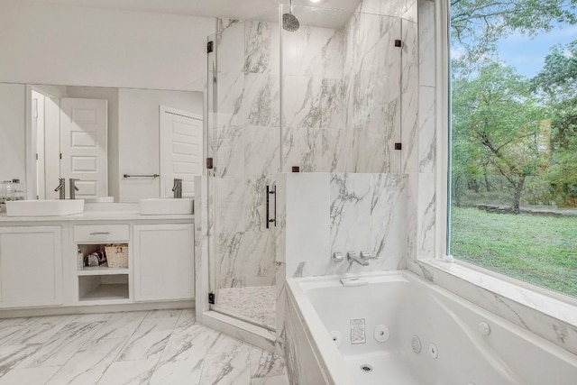 11300 Lake Dr, Austin, TX 78748 - full bath with a marble finish shower, a tub with jets, vanity, and marble look tile flooring