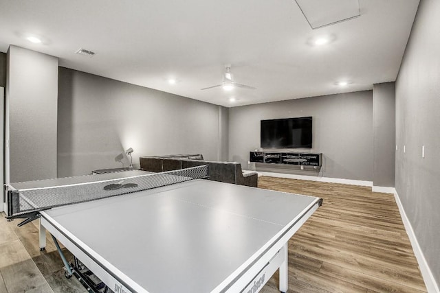 11300 Lake Dr, Austin, TX 78748 - recreation room featuring wood finished floors, ceiling fan, and recessed lighting