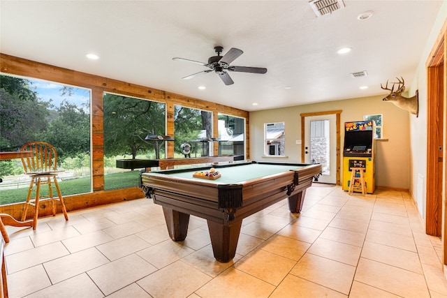 2308 Flite Acres Rd, Wimberley, TX 78676 - playroom featuring ceiling fan, recessed lighting, billiards, and light tile patterned flooring