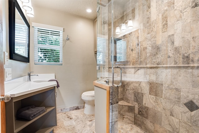 2308 Flite Acres Rd, Wimberley, TX 78676 - bathroom featuring vanity, a shower stall, and a textured ceiling
