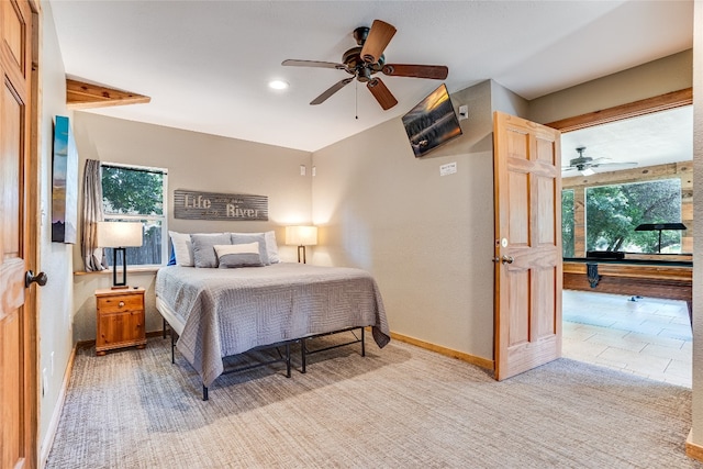 2308 Flite Acres Rd, Wimberley, TX 78676 - bedroom featuring multiple windows, light colored carpet, recessed lighting, and ceiling fan
