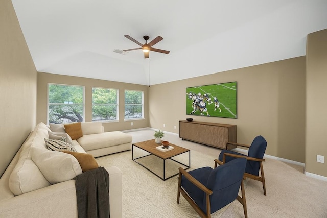 1601 Michael Robert Way, Cedar Park, TX 78613 - living room featuring light carpet, a ceiling fan, and vaulted ceiling