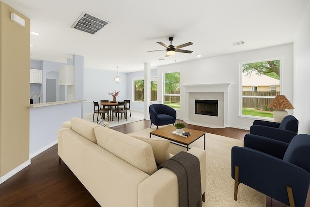 1601 Michael Robert Way, Cedar Park, TX 78613 - living room with dark wood-style floors, a ceiling fan, plenty of natural light, a premium fireplace, and recessed lighting