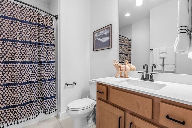 4612 Destination Way, Jonestown, TX 78645 - bathroom with vanity, tile patterned flooring, a shower with curtain, and recessed lighting
