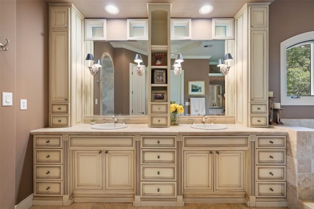 117 Bella Cima Dr, Austin, TX 78734 - full bathroom featuring double vanity and crown molding