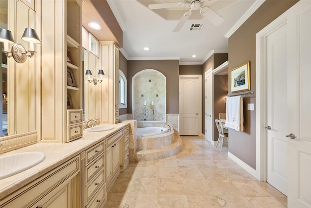117 Bella Cima Dr, Austin, TX 78734 - bathroom with crown molding, a bath, ceiling fan, recessed lighting, and double vanity