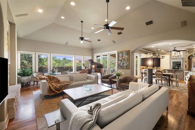 117 Bella Cima Dr, Austin, TX 78734 - living room featuring ceiling fan, arched walkways, plenty of natural light, lofted ceiling, and wood finished floors
