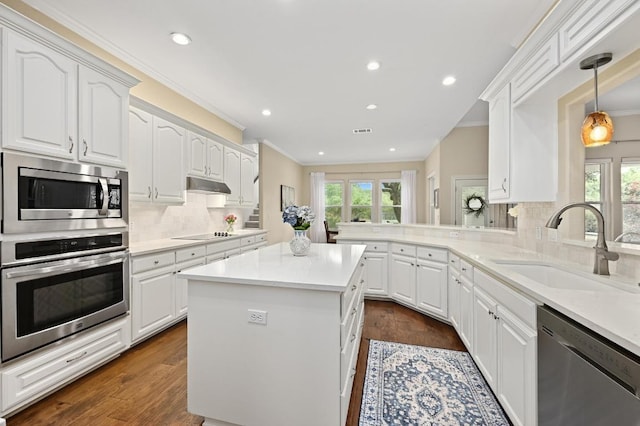 13410 Saddle Back Pass, Austin, TX 78738 - kitchen featuring appliances with stainless steel finishes, plenty of natural light, ornamental molding, under cabinet range hood, and tasteful backsplash