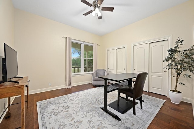13410 Saddle Back Pass, Austin, TX 78738 - home office featuring a ceiling fan and dark wood-style flooring