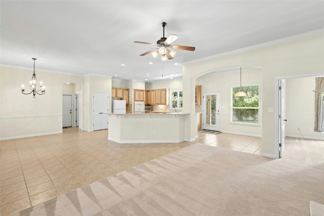 1403 Roaring Frk, Leander, TX 78641 - unfurnished living room featuring arched walkways, light tile patterned floors, a ceiling fan, ornamental molding, and recessed lighting