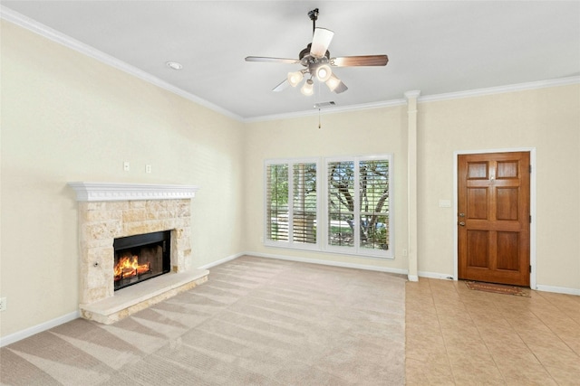 1403 Roaring Frk, Leander, TX 78641 - unfurnished living room with a ceiling fan, ornamental molding, a fireplace, and tile patterned flooring