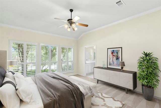 1403 Roaring Frk, Leander, TX 78641 - bedroom with lofted ceiling, ornamental molding, light carpet, connected bathroom, and a ceiling fan