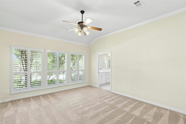 1403 Roaring Frk, Leander, TX 78641 - empty room featuring crown molding, ceiling fan, vaulted ceiling, and light carpet