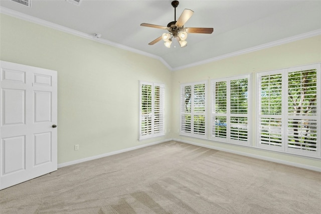 1403 Roaring Frk, Leander, TX 78641 - carpeted spare room with crown molding, a ceiling fan, a smoke detector, and vaulted ceiling