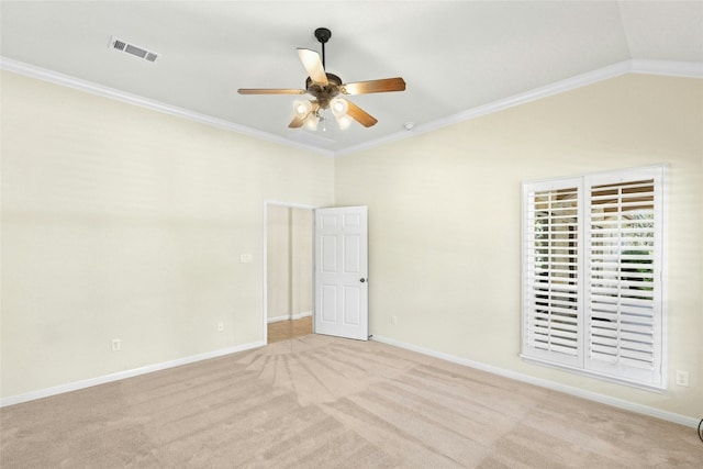 1403 Roaring Frk, Leander, TX 78641 - spare room featuring carpet, a ceiling fan, vaulted ceiling, and crown molding