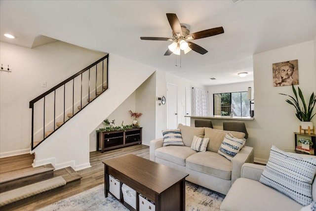 11901 Swearingen Dr Unit 4, Austin, TX 78758 - living room featuring stairs, wood finished floors, ceiling fan, and recessed lighting