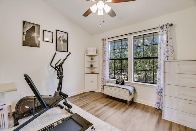 11901 Swearingen Dr Unit 4, Austin, TX 78758 - workout area with vaulted ceiling, wood finished floors, and a ceiling fan