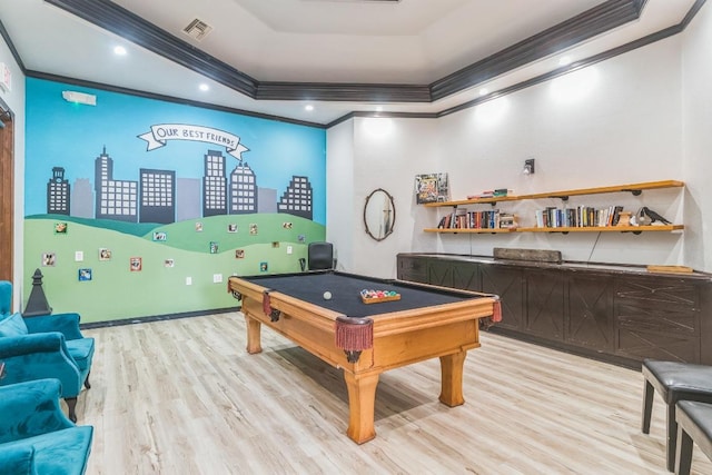 2320 Gracy Farms Ln Unit 522, Austin, TX 78758 - rec room with ornamental molding, a raised ceiling, light wood finished floors, pool table, and recessed lighting