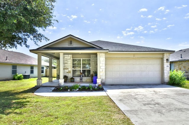 106 Wild Plum, San Marcos, TX 78666 - ranch-style house with a porch, driveway, an attached garage, a front lawn, and a shingled roof